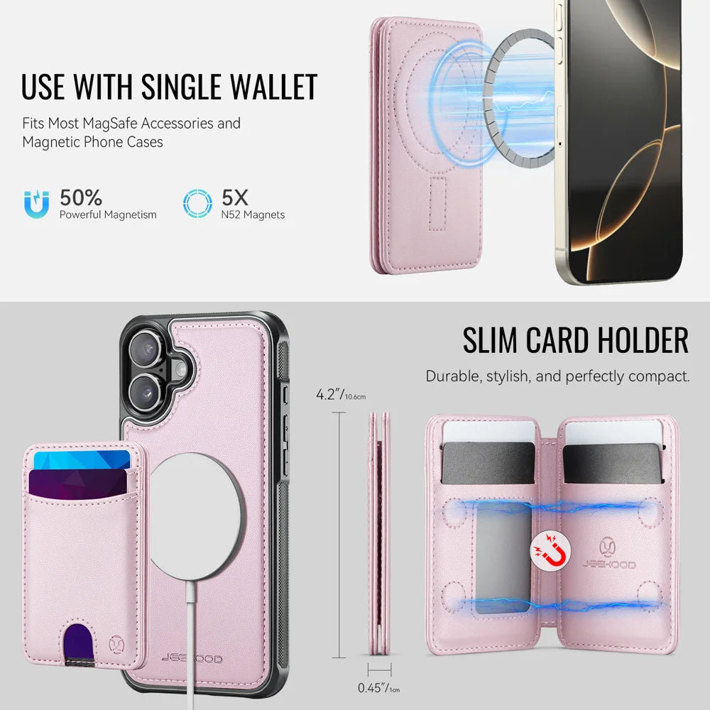 JEEHOOD For iPhone 16 Case  J10  Compatible with MagSafe Leather Back Phone Cover with Detachable Card Holder Kickstand - Pink - 6