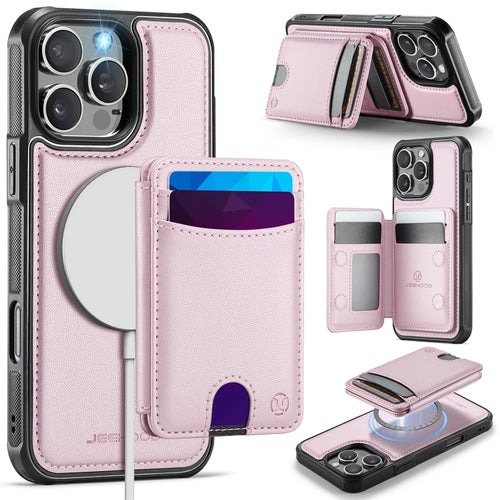 JEEHOOD For iPhone 16 Pro Max Case  J10  Compatible with MagSafe Leather Back Phone Cover with Detachable Card Holder Kickstand - Pink - 1