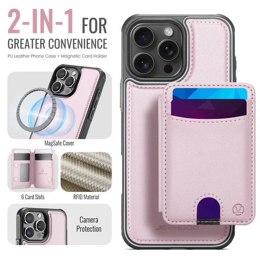 JEEHOOD For iPhone 16 Pro Max Case  J10  Compatible with MagSafe Leather Back Phone Cover with Detachable Card Holder Kickstand - Pink - 2