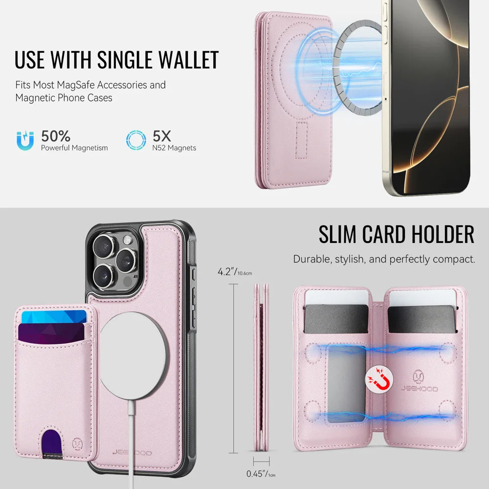 JEEHOOD For iPhone 16 Pro Max Case  J10  Compatible with MagSafe Leather Back Phone Cover with Detachable Card Holder Kickstand - Pink - 6