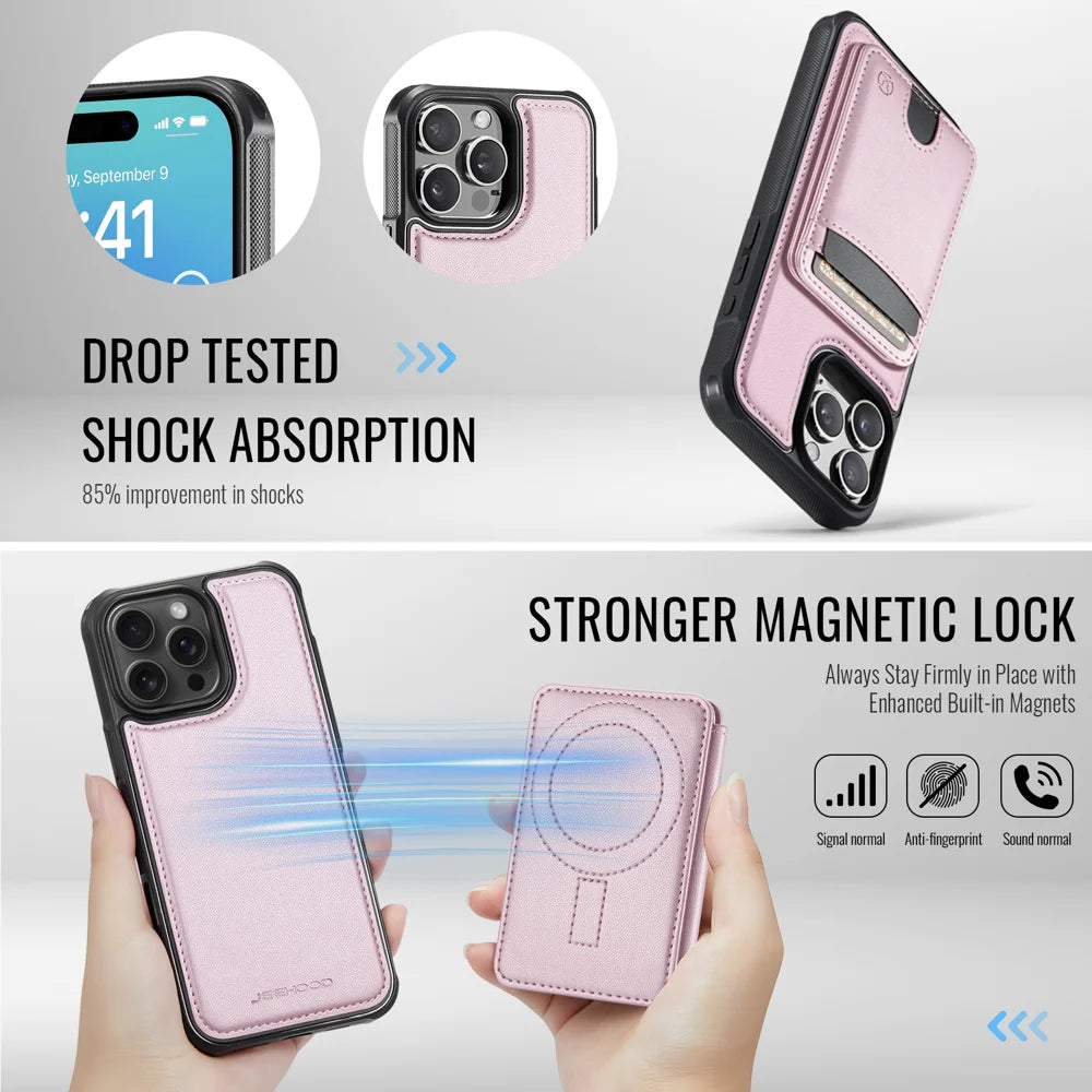 JEEHOOD For iPhone 16 Pro Case  J10  Compatible with MagSafe Leather Back Phone Cover with Detachable Card Holder Kickstand - Pink - 3