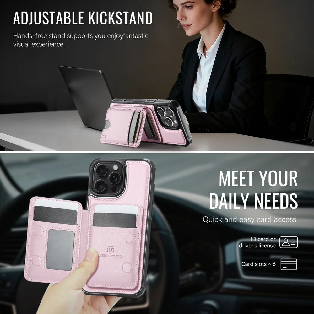 JEEHOOD For iPhone 16 Pro Case  J10  Compatible with MagSafe Leather Back Phone Cover with Detachable Card Holder Kickstand - Pink - 4