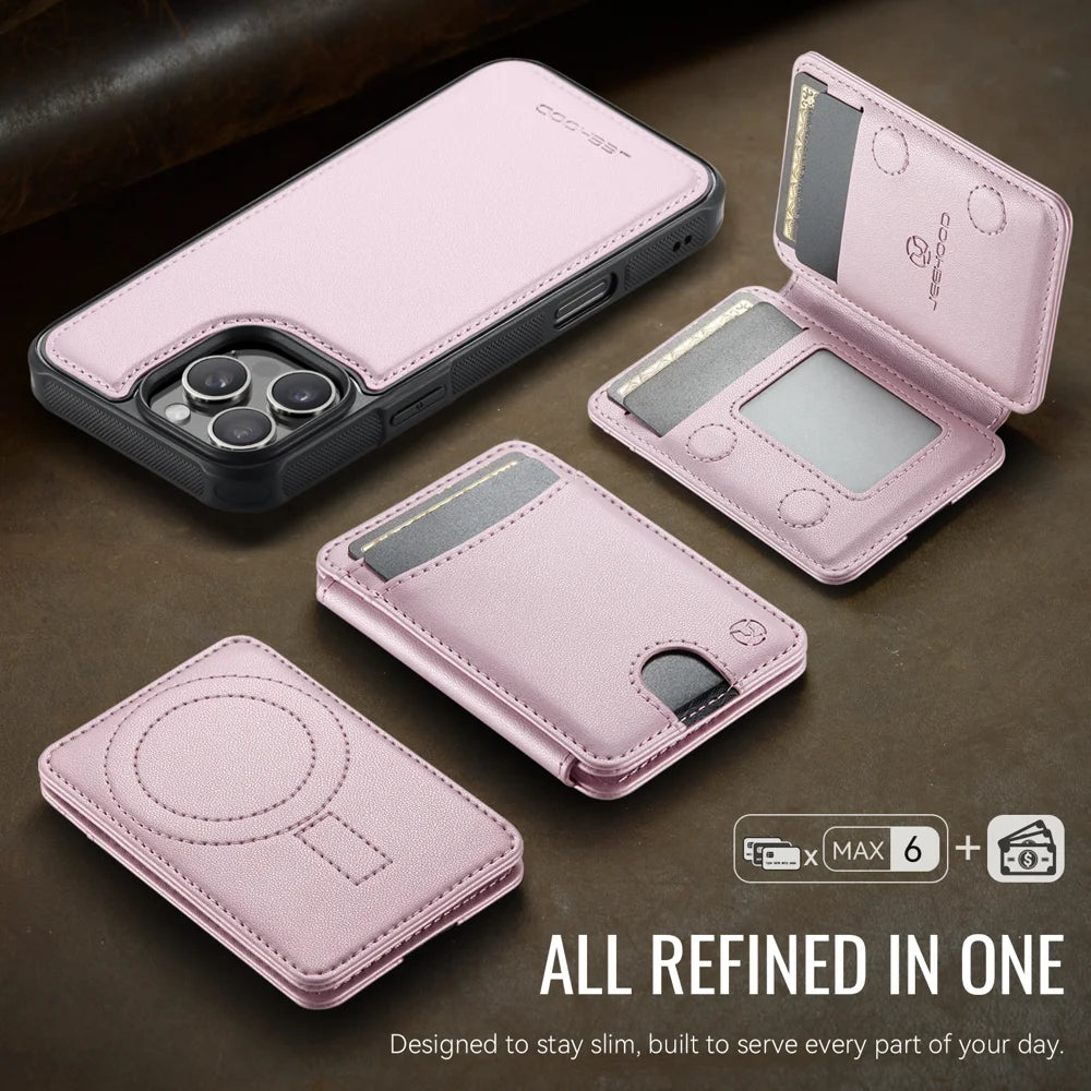 JEEHOOD For iPhone 16 Pro Case  J10  Compatible with MagSafe Leather Back Phone Cover with Detachable Card Holder Kickstand - Pink - 5