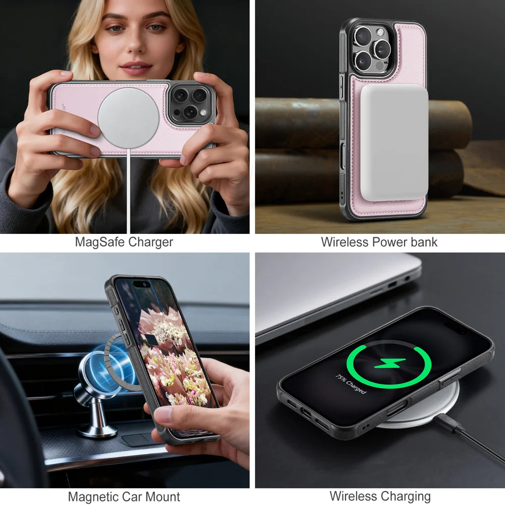 JEEHOOD For iPhone 16 Pro Case  J10  Compatible with MagSafe Leather Back Phone Cover with Detachable Card Holder Kickstand - Pink - 7