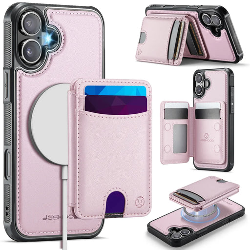 JEEHOOD For iPhone 16 Plus Case  J10  Compatible with MagSafe Leather Back Phone Cover with Detachable Card Holder Kickstand - Pink - 1