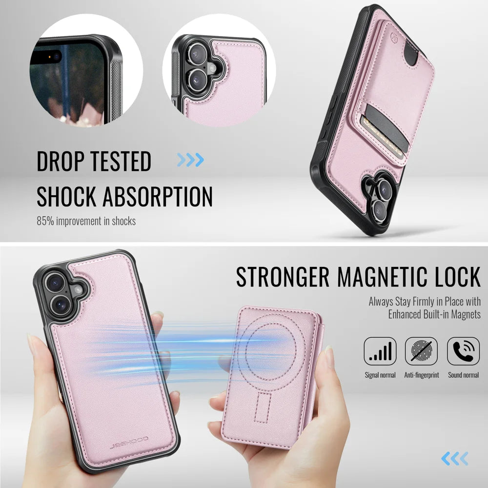 JEEHOOD For iPhone 16 Plus Case  J10  Compatible with MagSafe Leather Back Phone Cover with Detachable Card Holder Kickstand - Pink - 3