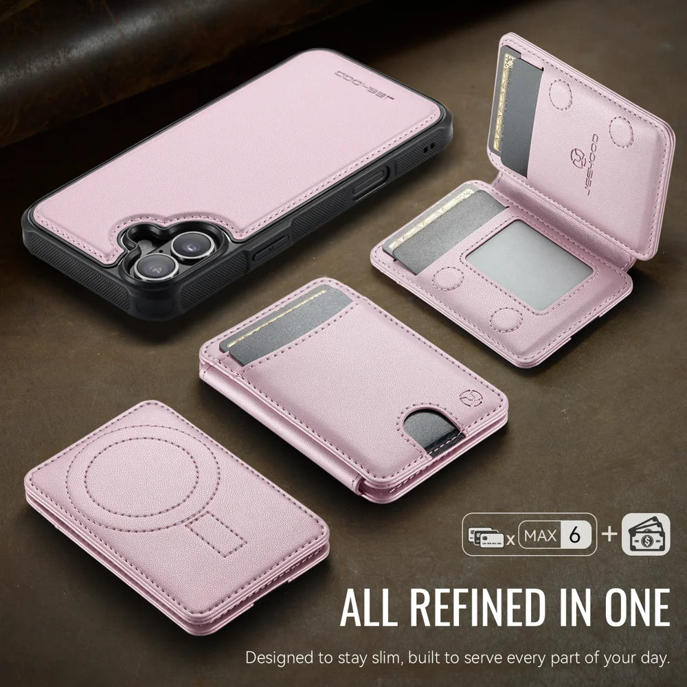 JEEHOOD For iPhone 16 Plus Case  J10  Compatible with MagSafe Leather Back Phone Cover with Detachable Card Holder Kickstand - Pink - 5