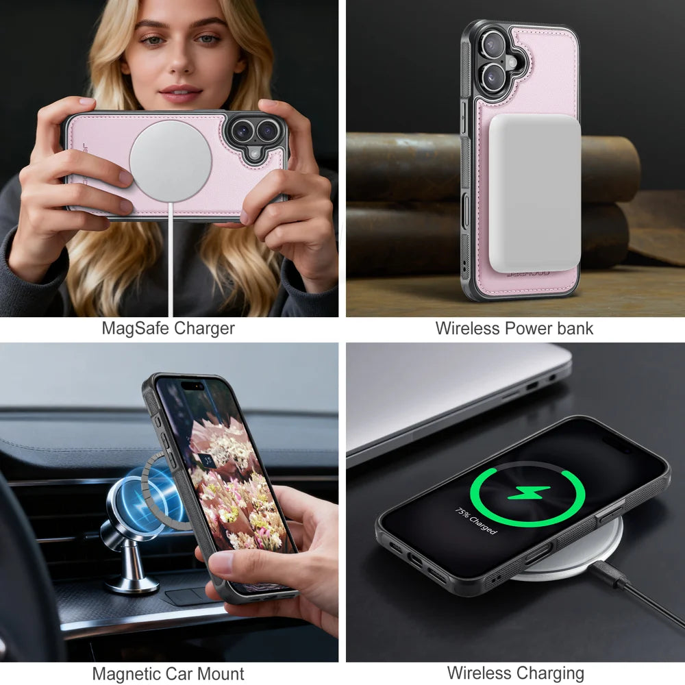 JEEHOOD For iPhone 16 Plus Case  J10  Compatible with MagSafe Leather Back Phone Cover with Detachable Card Holder Kickstand - Pink - 7