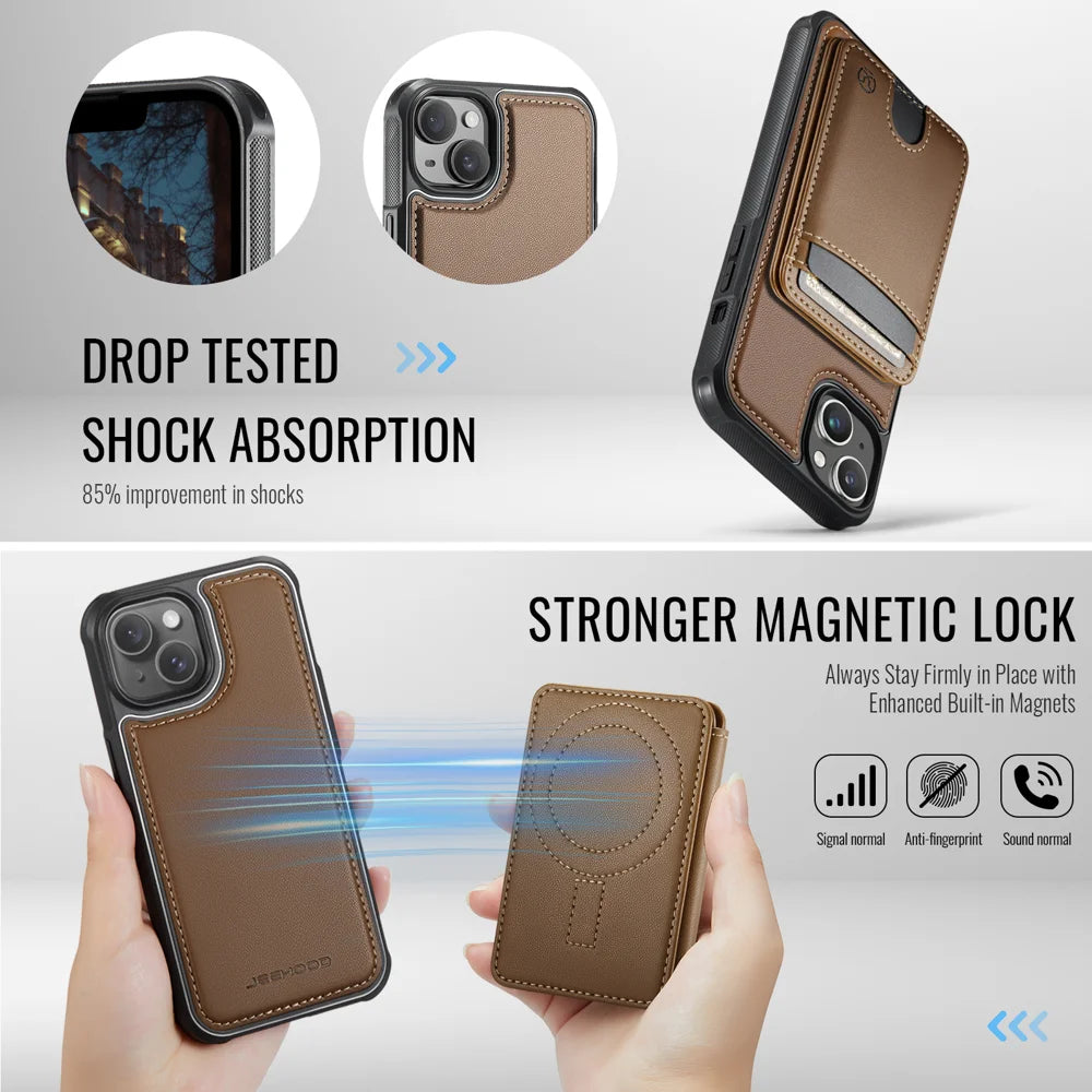 JEEHOOD For iPhone 15 Case  J10  Compatible with MagSafe Leather Back Phone Cover with Detachable Card Holder Kickstand - Brown - 3