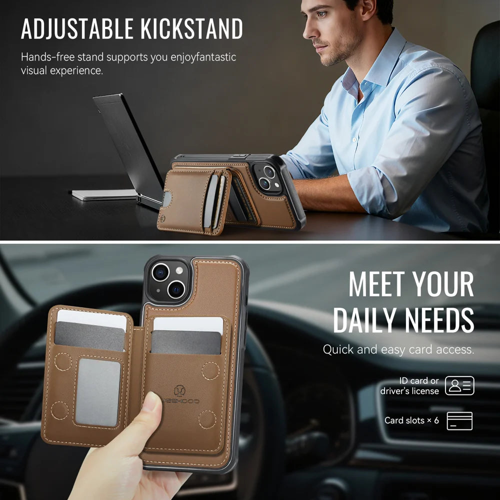 JEEHOOD For iPhone 15 Case  J10  Compatible with MagSafe Leather Back Phone Cover with Detachable Card Holder Kickstand - Brown - 4