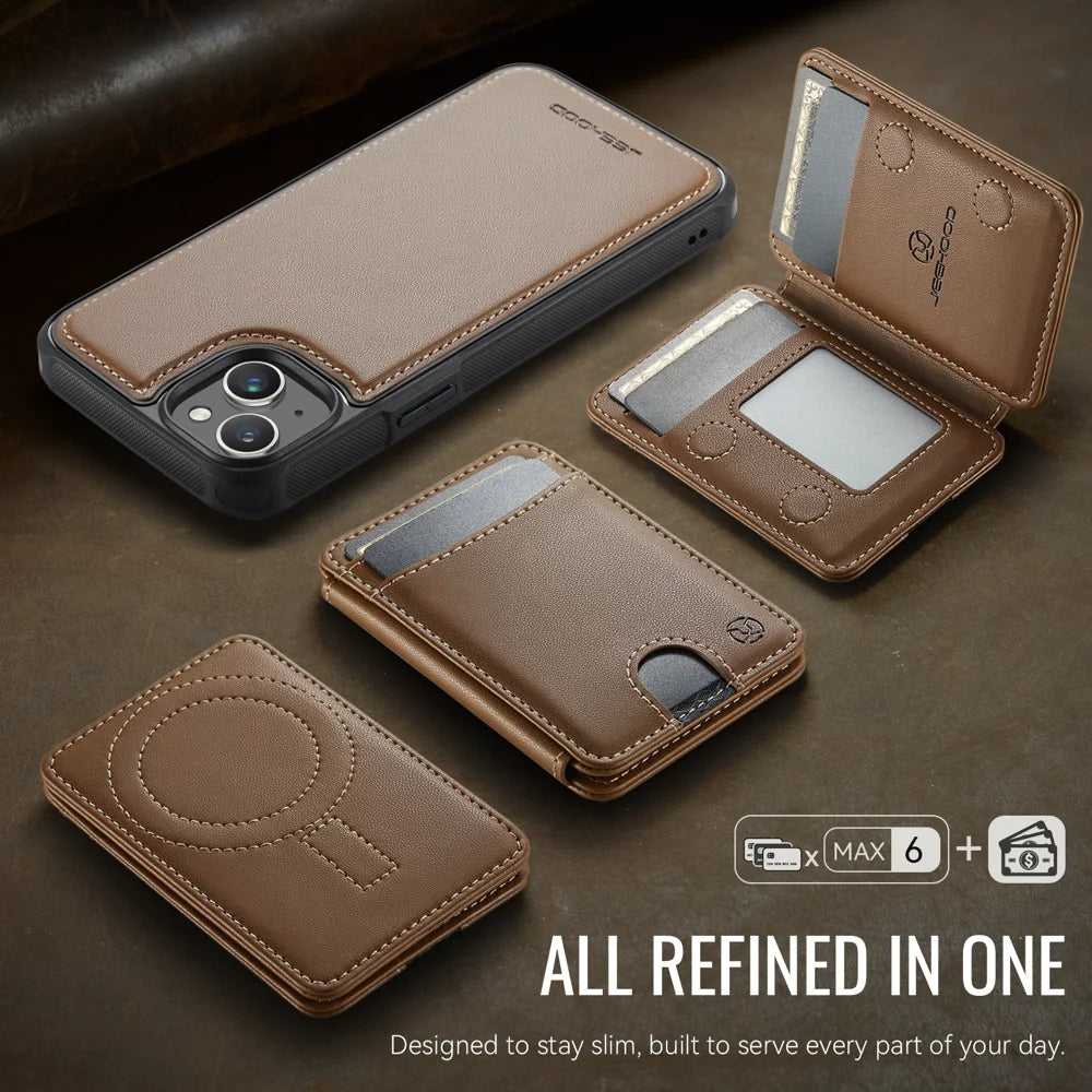 JEEHOOD For iPhone 15 Case  J10  Compatible with MagSafe Leather Back Phone Cover with Detachable Card Holder Kickstand - Brown - 5