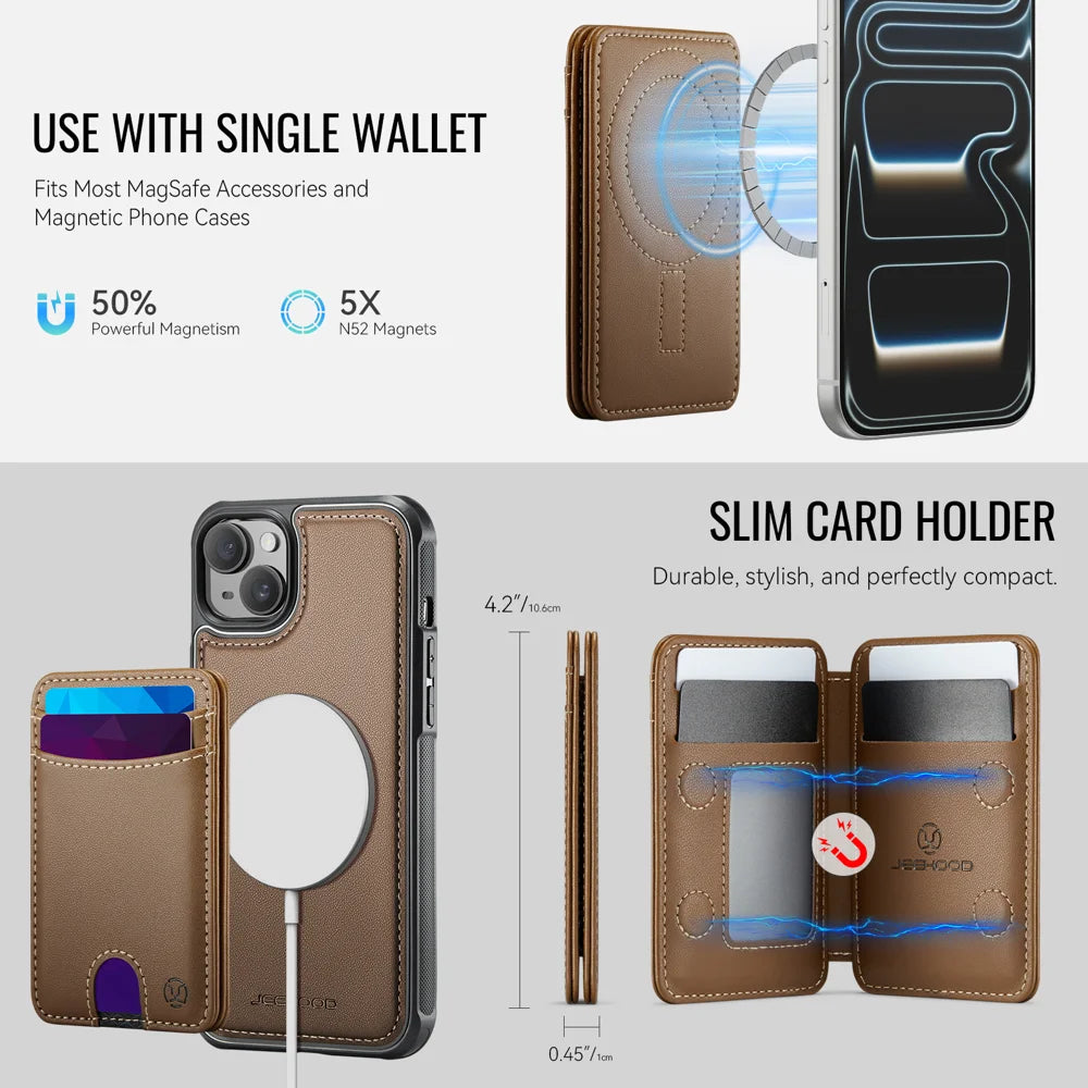 JEEHOOD For iPhone 15 Case  J10  Compatible with MagSafe Leather Back Phone Cover with Detachable Card Holder Kickstand - Brown - 6