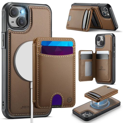 JEEHOOD For iPhone 14 Plus Case  J10  Compatible with MagSafe Leather Back Phone Cover with Detachable Card Holder Kickstand - Brown - 1