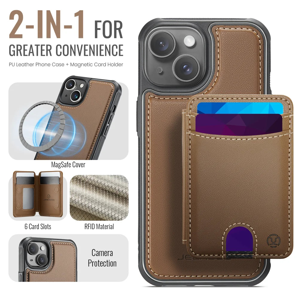 JEEHOOD For iPhone 14 Plus Case  J10  Compatible with MagSafe Leather Back Phone Cover with Detachable Card Holder Kickstand - Brown - 2