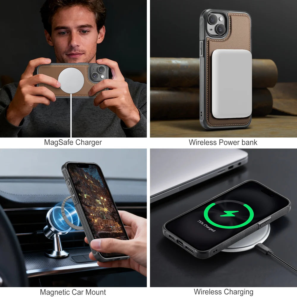 JEEHOOD For iPhone 14 Plus Case  J10  Compatible with MagSafe Leather Back Phone Cover with Detachable Card Holder Kickstand - Brown - 7