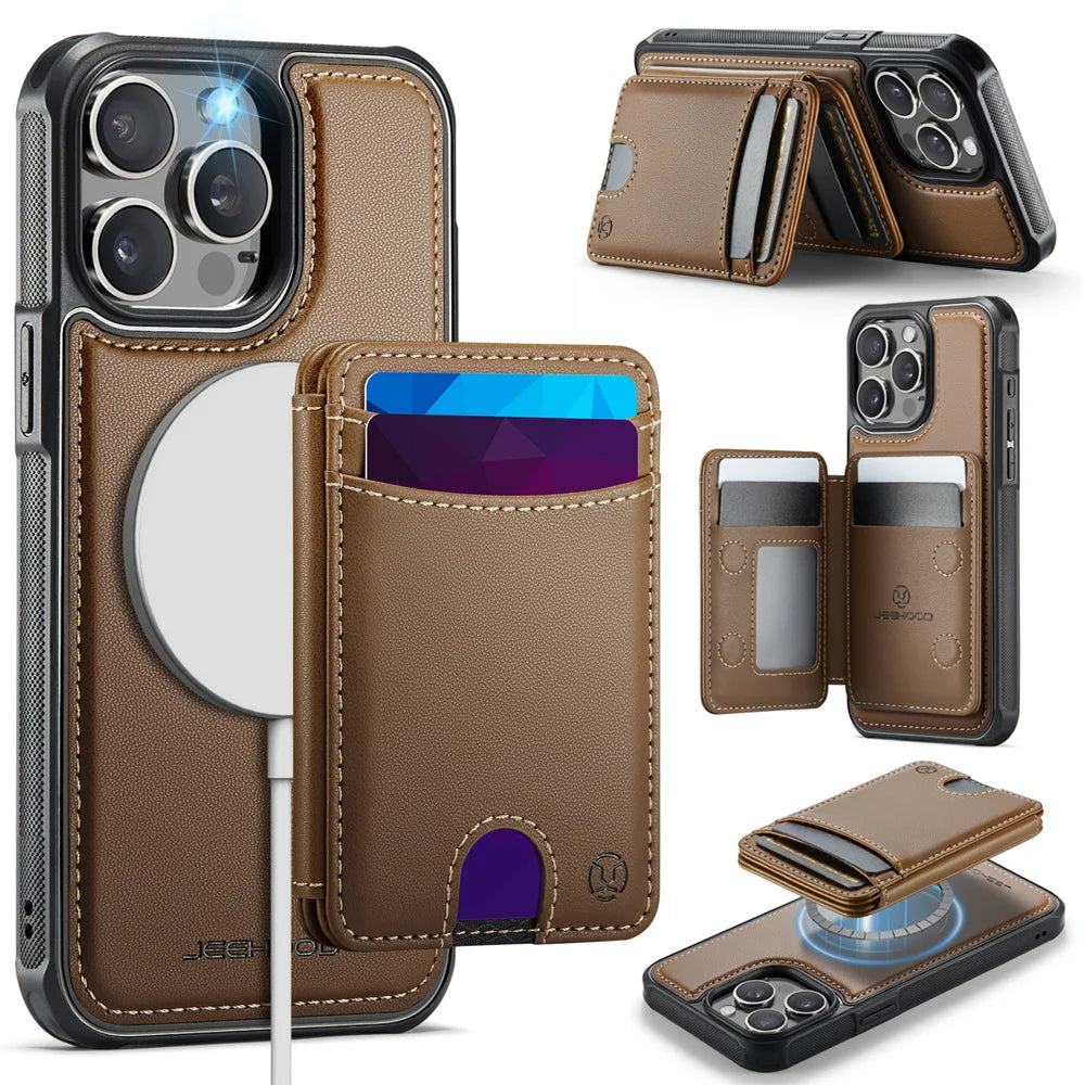 JEEHOOD For iPhone 15 Pro Case  J10  Compatible with MagSafe Leather Back Phone Cover with Detachable Card Holder Kickstand - Brown - 1