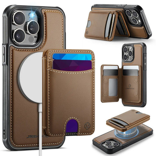 JEEHOOD For iPhone 15 Pro Case  J10  Compatible with MagSafe Leather Back Phone Cover with Detachable Card Holder Kickstand - Brown - 1