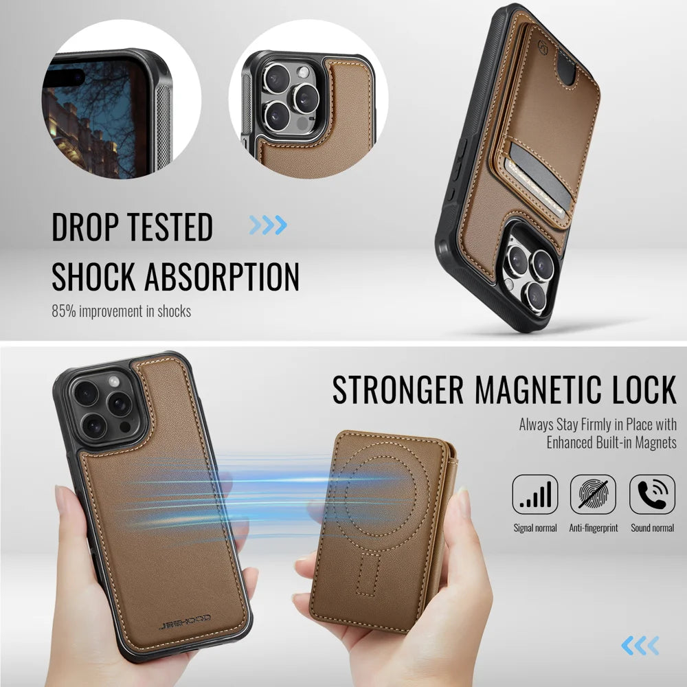 JEEHOOD For iPhone 15 Pro Case  J10  Compatible with MagSafe Leather Back Phone Cover with Detachable Card Holder Kickstand - Brown - 3