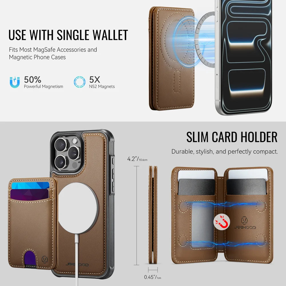 JEEHOOD For iPhone 15 Pro Case  J10  Compatible with MagSafe Leather Back Phone Cover with Detachable Card Holder Kickstand - Brown - 6