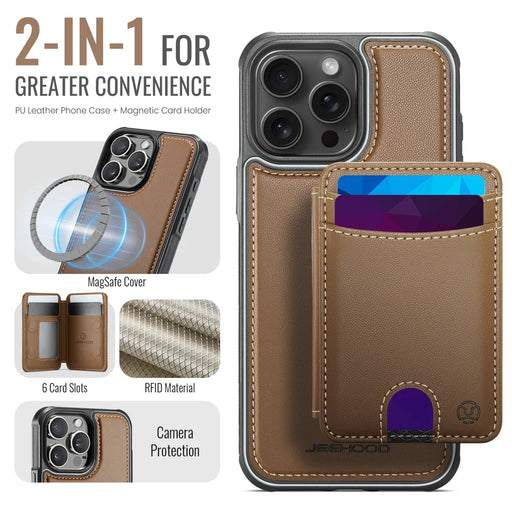JEEHOOD For iPhone 15 Pro Max Case  J10  Compatible with MagSafe Leather Back Phone Cover with Detachable Card Holder Kickstand - Brown - 2