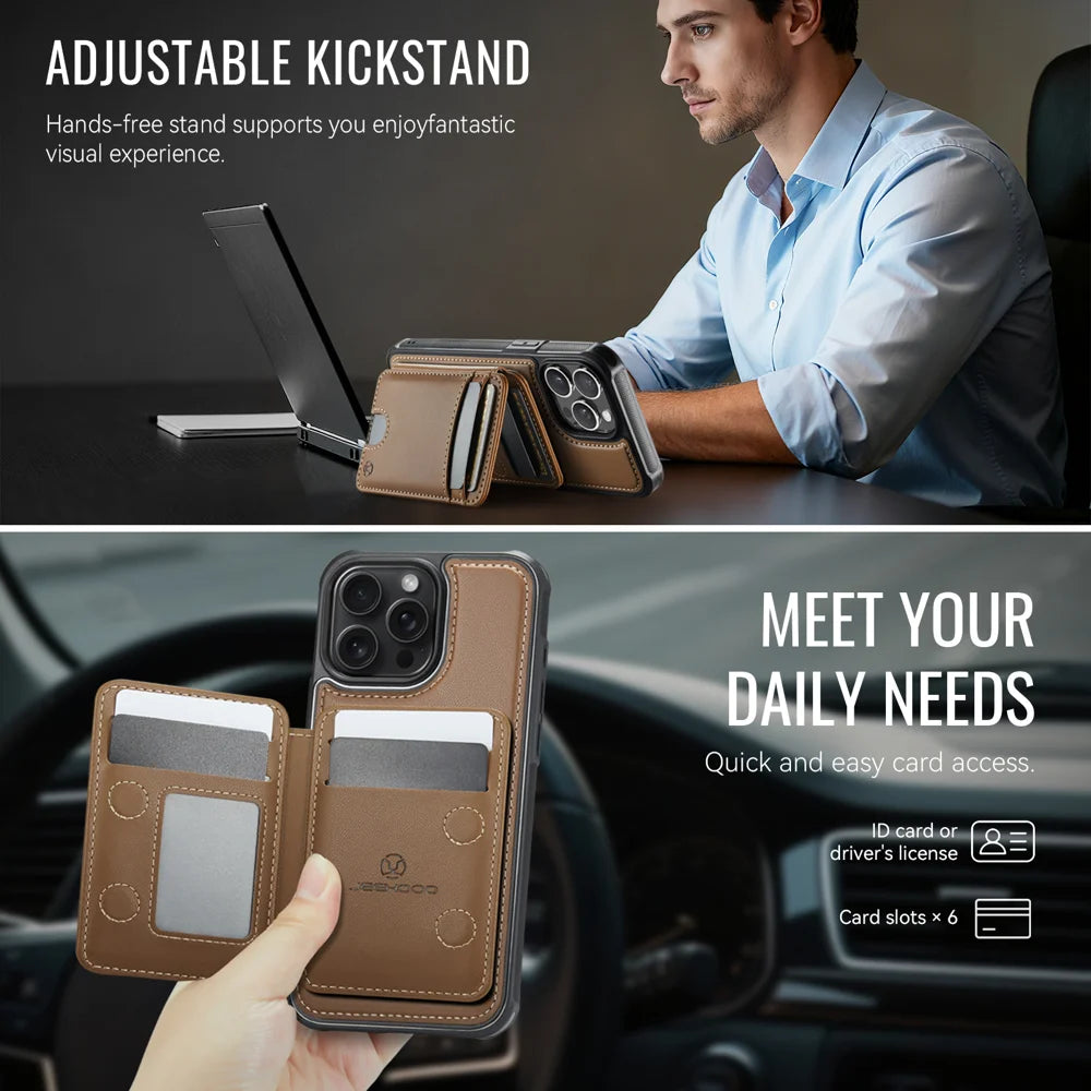 JEEHOOD For iPhone 15 Pro Max Case  J10  Compatible with MagSafe Leather Back Phone Cover with Detachable Card Holder Kickstand - Brown - 4