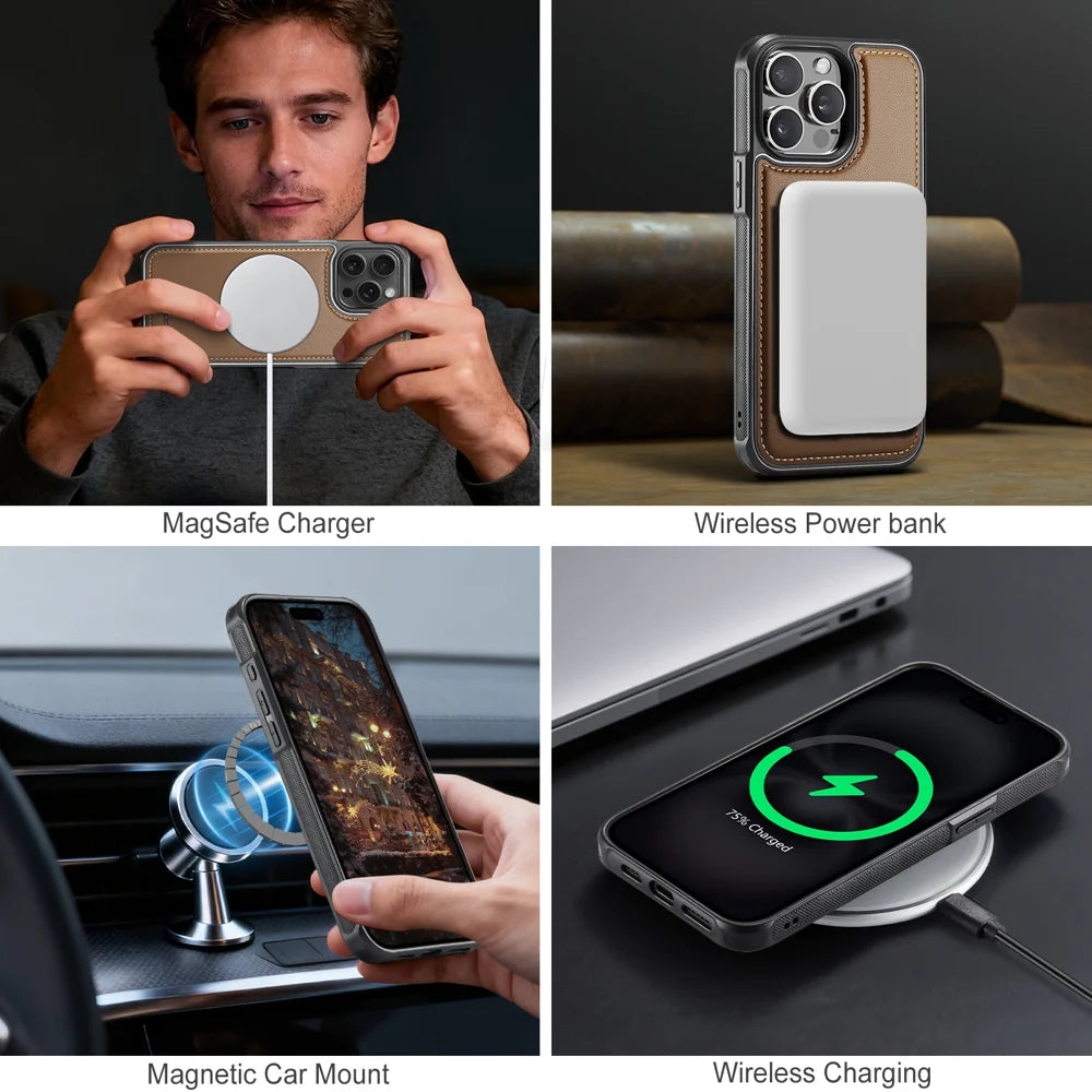 JEEHOOD For iPhone 15 Pro Max Case  J10  Compatible with MagSafe Leather Back Phone Cover with Detachable Card Holder Kickstand - Brown - 7