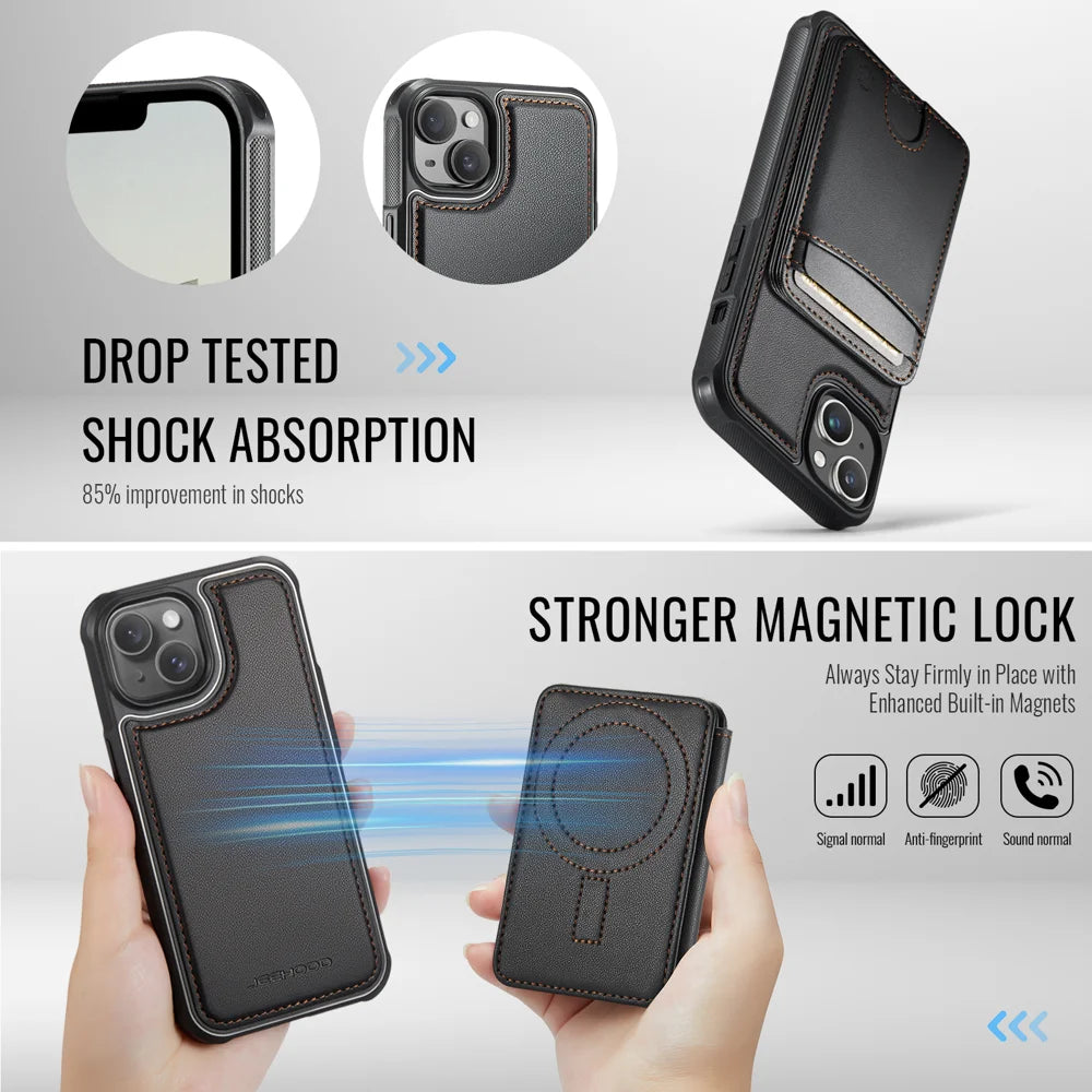 JEEHOOD For iPhone 14 Case  J10  Compatible with MagSafe Leather Back Phone Cover with Detachable Card Holder Kickstand - Black - 3
