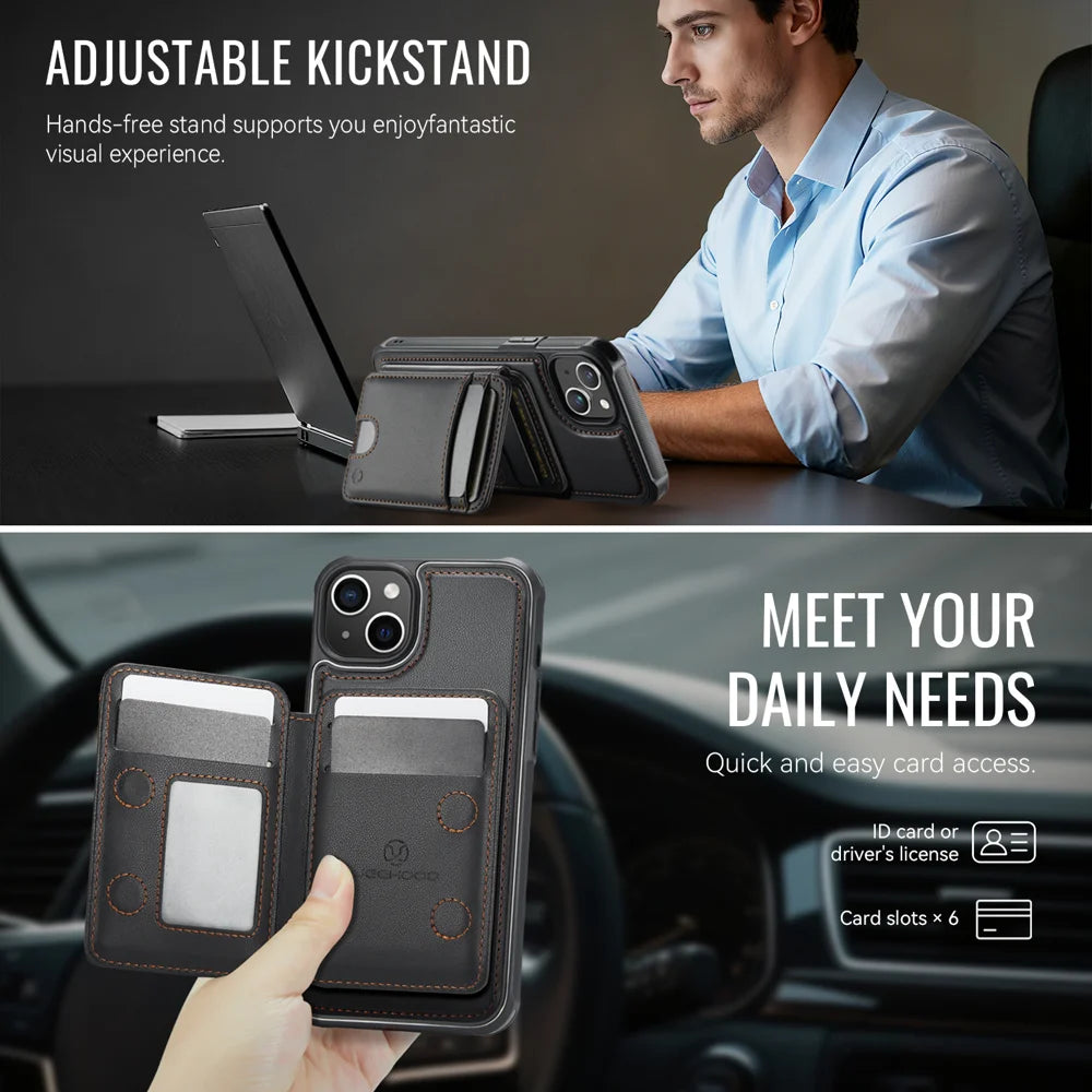 JEEHOOD For iPhone 14 Case  J10  Compatible with MagSafe Leather Back Phone Cover with Detachable Card Holder Kickstand - Black - 4