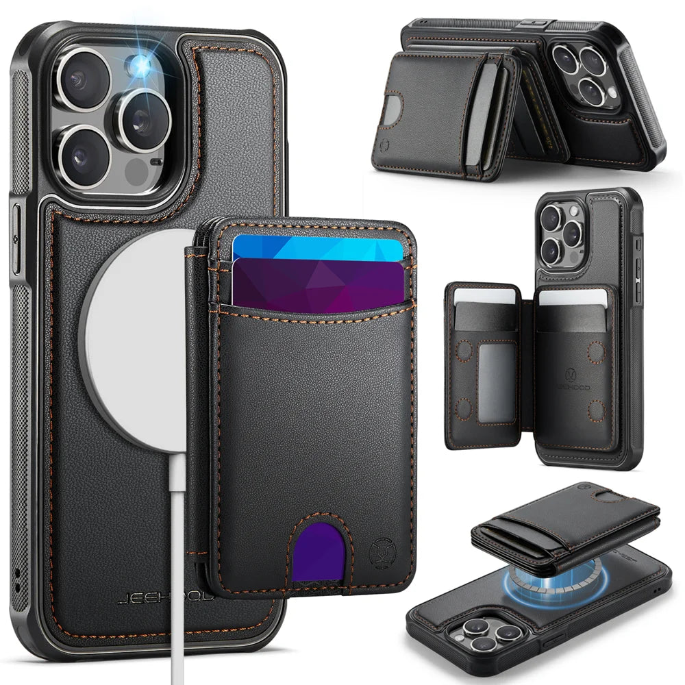 JEEHOOD For iPhone 14 Pro Case  J10  Compatible with MagSafe Leather Back Phone Cover with Detachable Card Holder Kickstand - Black - 1