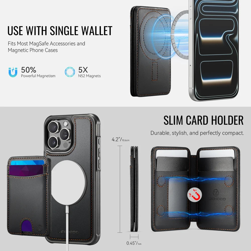 JEEHOOD For iPhone 14 Pro Case  J10  Compatible with MagSafe Leather Back Phone Cover with Detachable Card Holder Kickstand - Black - 4