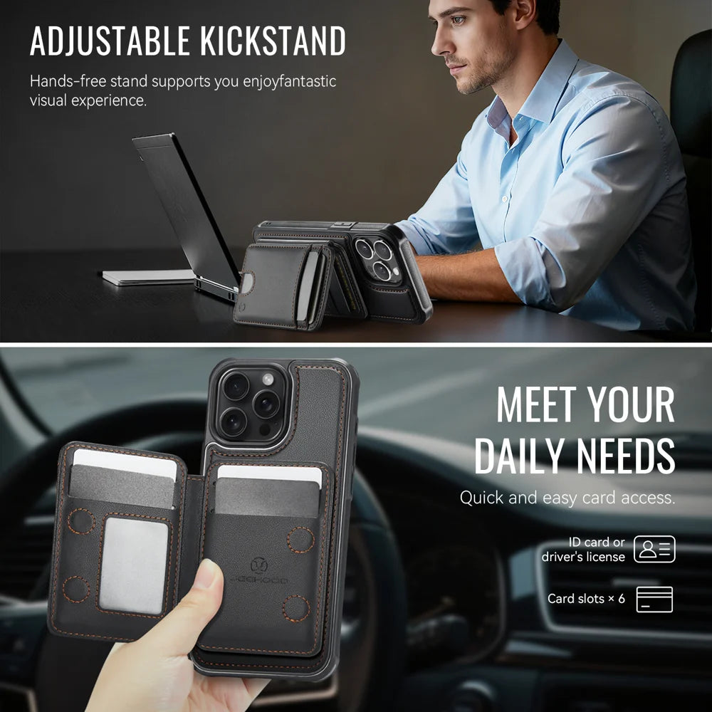 JEEHOOD For iPhone 14 Pro Case  J10  Compatible with MagSafe Leather Back Phone Cover with Detachable Card Holder Kickstand - Black - 7