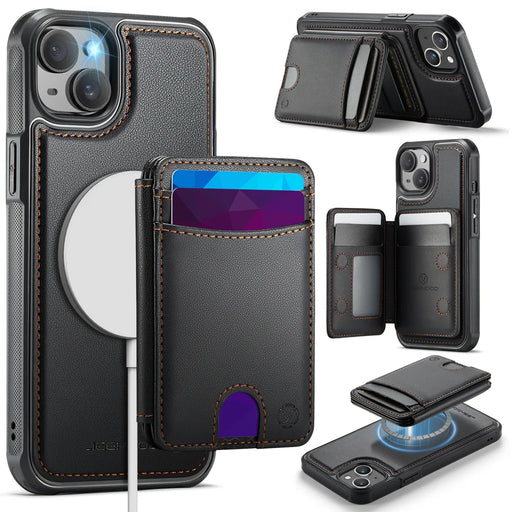 JEEHOOD For iPhone 13 6.1 inch Case  J10  Compatible with MagSafe Leather Back Phone Cover with Detachable Card Holder Kickstand - Black - 1