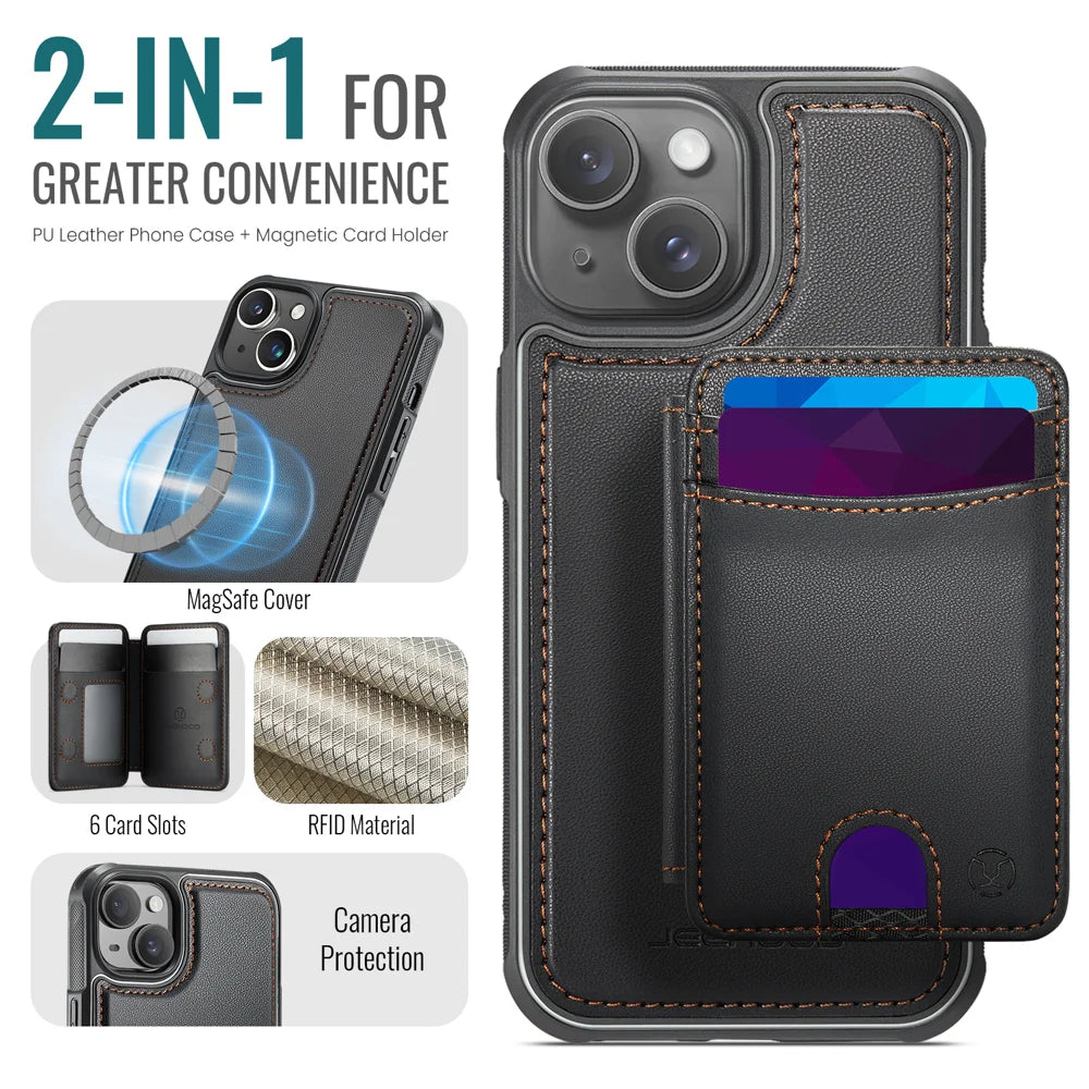 JEEHOOD For iPhone 13 6.1 inch Case  J10  Compatible with MagSafe Leather Back Phone Cover with Detachable Card Holder Kickstand - Black - 2