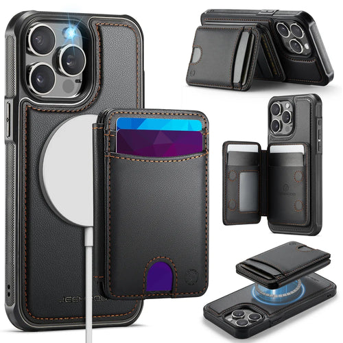 JEEHOOD For iPhone 13 Pro Max 6.7 inch Case  J10  Compatible with MagSafe Leather Back Phone Cover with Detachable Card Holder Kickstand - Black - 1