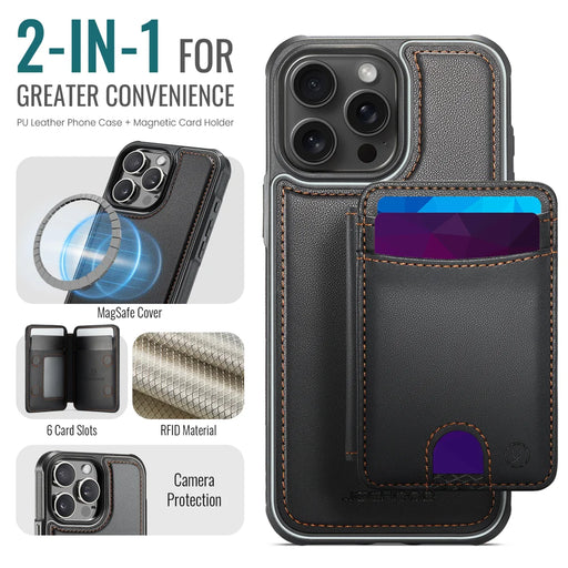 JEEHOOD For iPhone 13 Pro Max 6.7 inch Case  J10  Compatible with MagSafe Leather Back Phone Cover with Detachable Card Holder Kickstand - Black - 2