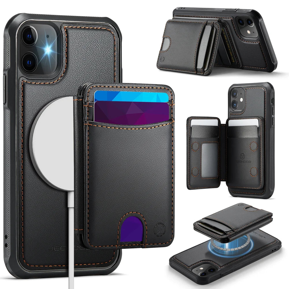 JEEHOOD For iPhone 11 Case  J10  Compatible with MagSafe Leather Back Phone Cover with Detachable Card Holder Kickstand - Black - 1