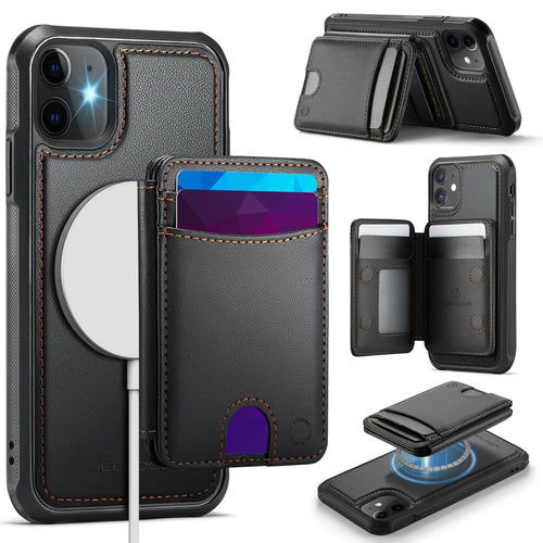JEEHOOD For iPhone 11 Case  J10  Compatible with MagSafe Leather Back Phone Cover with Detachable Card Holder Kickstand - Black - 1