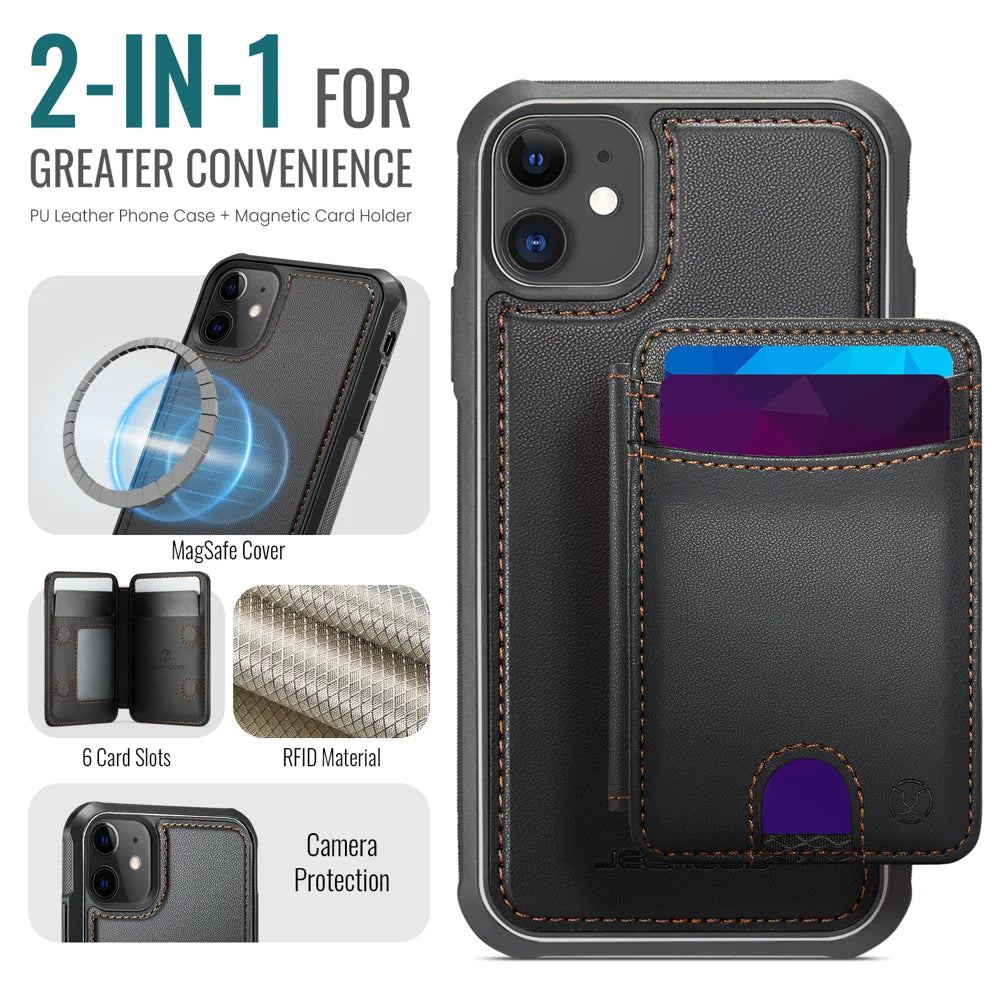 JEEHOOD For iPhone 11 Case  J10  Compatible with MagSafe Leather Back Phone Cover with Detachable Card Holder Kickstand - Black - 2