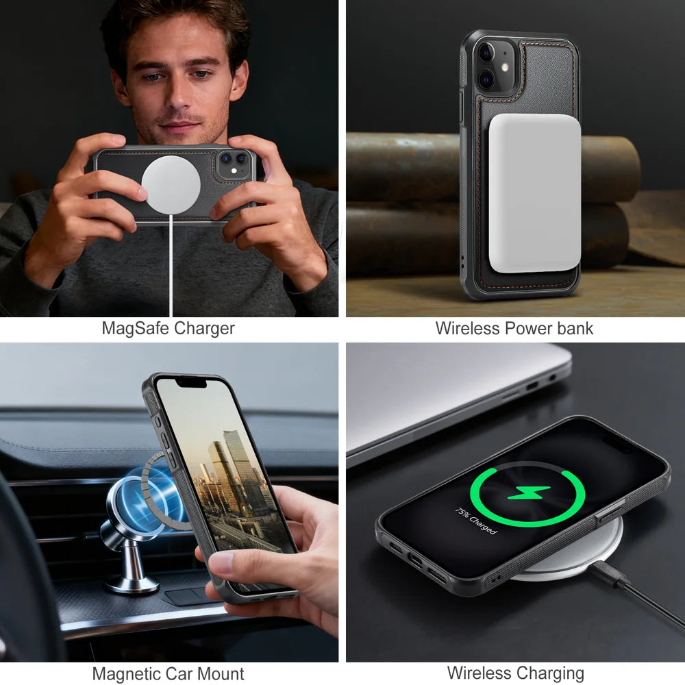 JEEHOOD For iPhone 11 Case  J10  Compatible with MagSafe Leather Back Phone Cover with Detachable Card Holder Kickstand - Black - 7