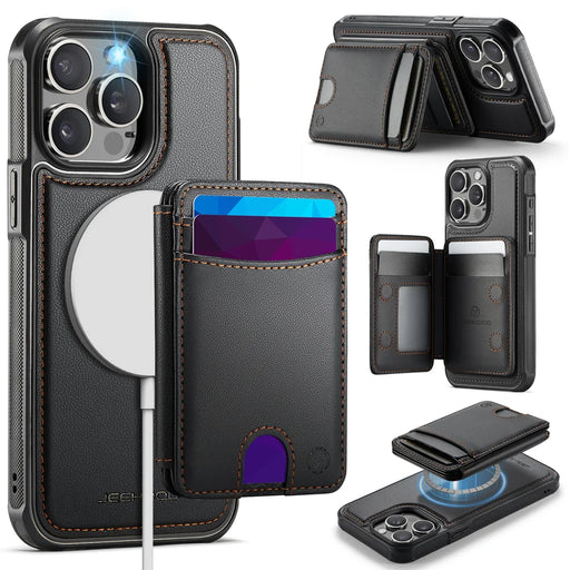 JEEHOOD For iPhone 12 Pro Max 6.7 inch Case  J10  Compatible with MagSafe Leather Back Phone Cover with Detachable Card Holder Kickstand - Black - 1