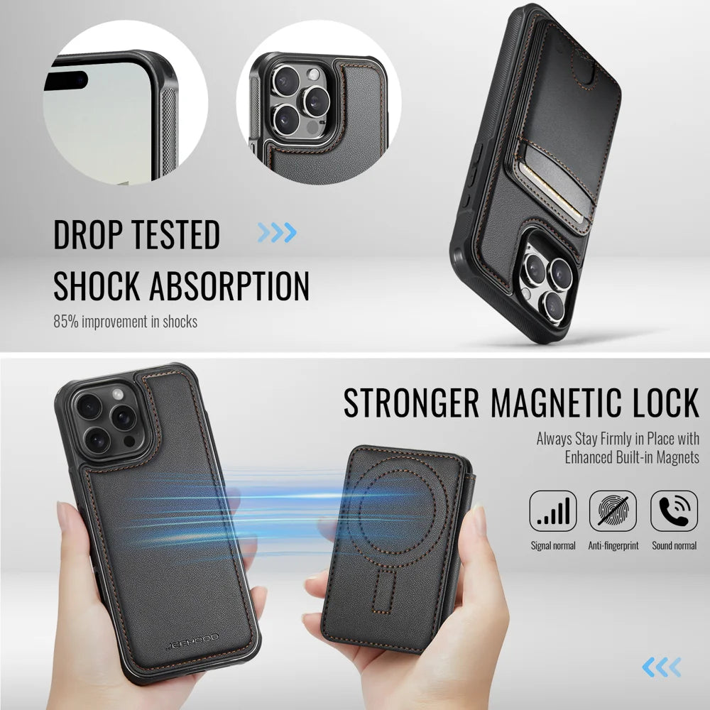 JEEHOOD For iPhone 12 Pro Max 6.7 inch Case  J10  Compatible with MagSafe Leather Back Phone Cover with Detachable Card Holder Kickstand - Black - 3