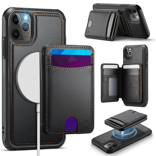 JEEHOOD For iPhone 11 Pro Max Case  J10  Compatible with MagSafe Leather Back Phone Cover with Detachable Card Holder Kickstand - Black - 1