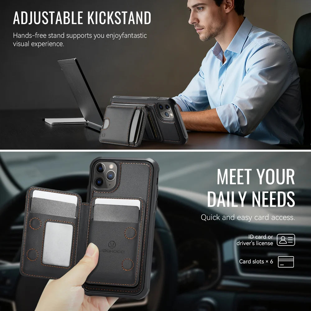 JEEHOOD For iPhone 11 Pro Max Case  J10  Compatible with MagSafe Leather Back Phone Cover with Detachable Card Holder Kickstand - Black - 4