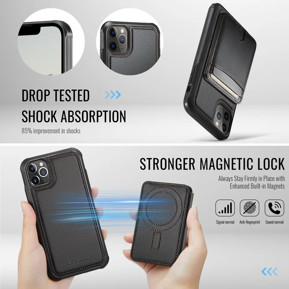 JEEHOOD For iPhone 11 Pro Case  J10  Compatible with MagSafe Leather Back Phone Cover with Detachable Card Holder Kickstand - Black - 3