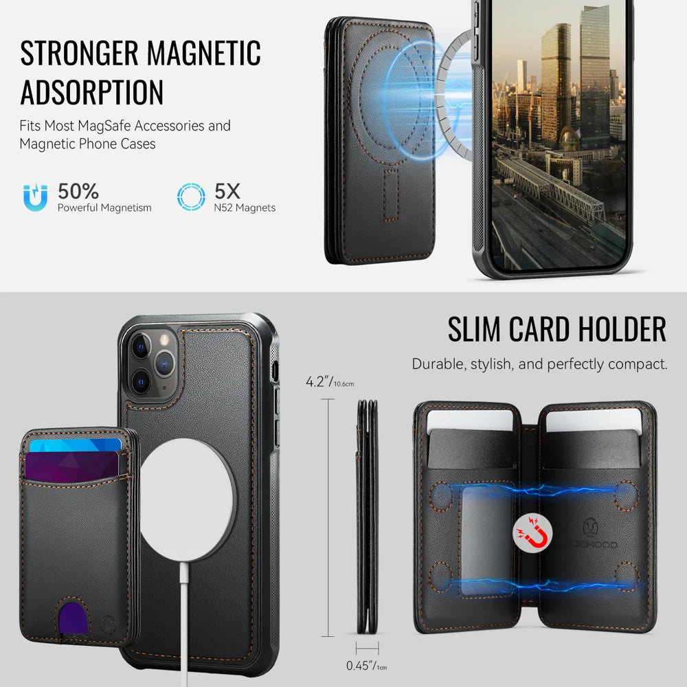 JEEHOOD For iPhone 11 Pro Case  J10  Compatible with MagSafe Leather Back Phone Cover with Detachable Card Holder Kickstand - Black - 6