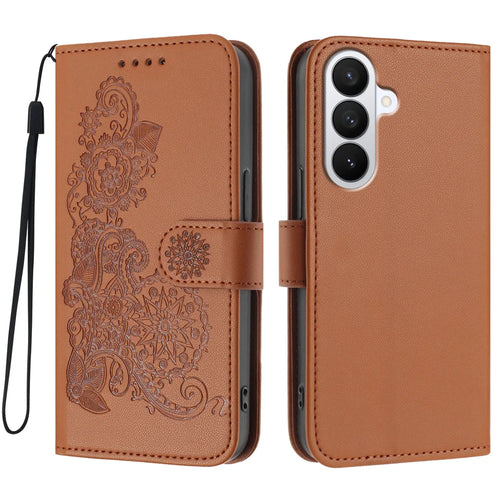 For Samsung Galaxy S26 Phone Cases Mandala Flower Leather Wallet Mobile Cover with Strap - Coffee - 1