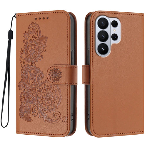 For Samsung Galaxy S26 Ultra Phone Cases Mandala Flower Leather Wallet Mobile Cover with Strap - Coffee - 1