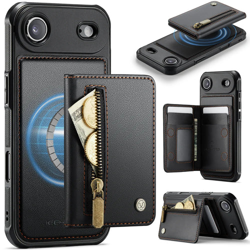 JEEHOOD For iPhone Air Case  J12 Magnetic  Detachable Zipper Wallet Kickstand Leather Back Cover Compatible with MagSafe - Black - 1