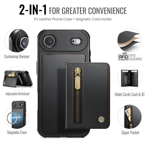JEEHOOD For iPhone Air Case  J12 Magnetic  Detachable Zipper Wallet Kickstand Leather Back Cover Compatible with MagSafe - Black - 2