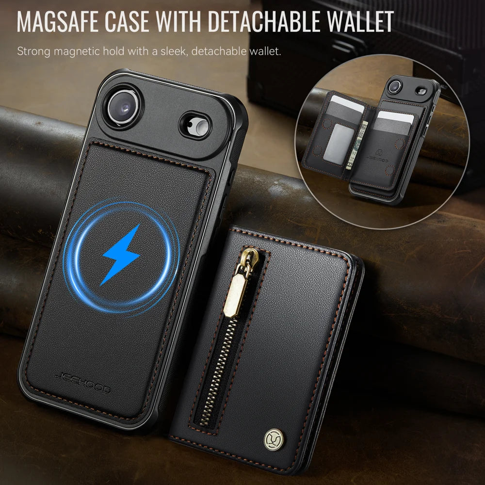 JEEHOOD For iPhone Air Case  J12 Magnetic  Detachable Zipper Wallet Kickstand Leather Back Cover Compatible with MagSafe - Black - 4